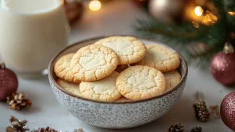 Eine Schale Eierlikör-Plätzchen, drumherum ein paar Weihnachtsdekoartikel.