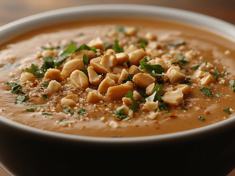 Eine Schüssel Erdnusssuppe, bestreut mit Erdnüssen und gehacktem Koriander.