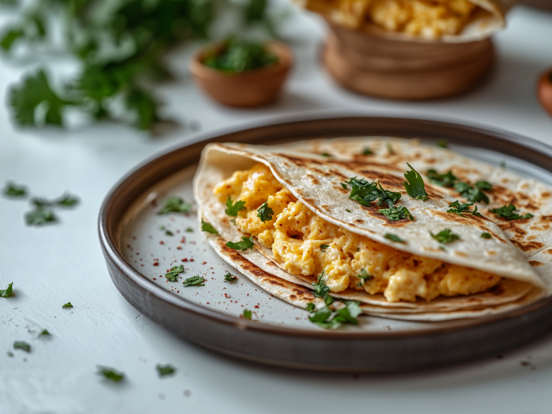 Frühstücks-Quesadilla mit Rührei und Käse auf einem Teller, im Hintergrund unscharf einige Zutaten in Schüsseln.