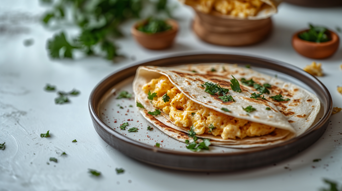 Frühstücks-Quesadilla mit Rührei und Käse auf einem Teller, im Hintergrund unscharf einige Zutaten in Schüsseln.