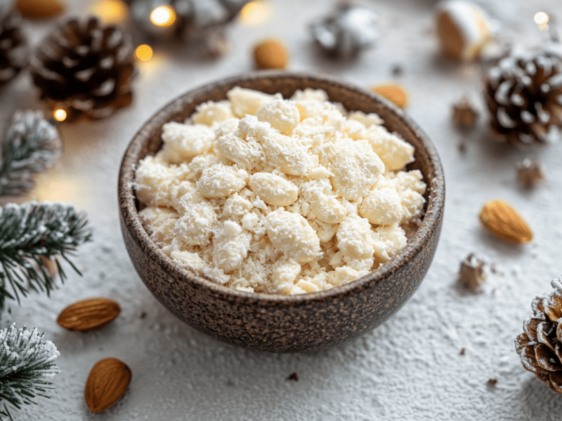 Gebrannte Raffaello-Mandeln in einer Schüssel, die von Weihnachtsdekoartikeln umrahmt ist.