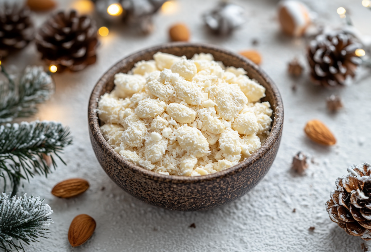 Gebrannte Raffaello-Mandeln in einer Schüssel, die von Weihnachtsdekoartikeln umrahmt ist.