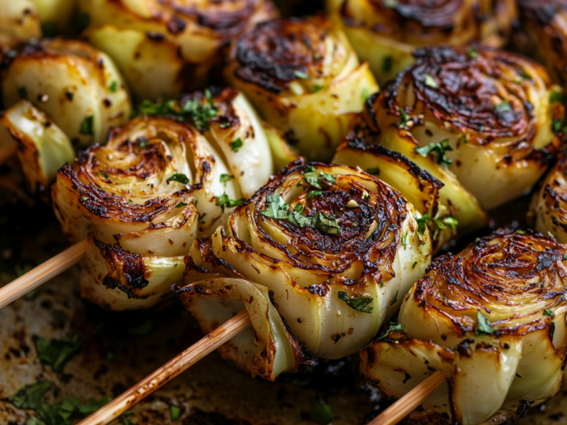 Nebeneinander liegende, gegrillte Kohlspieße.