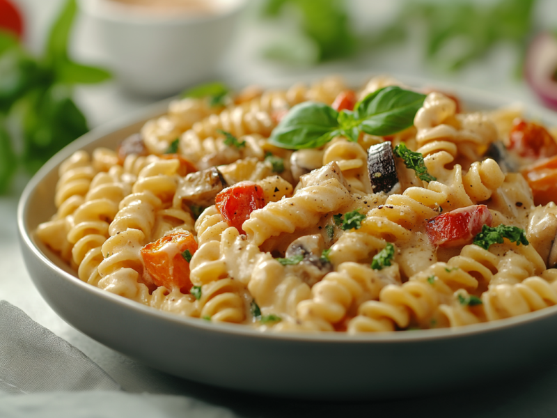 Ein Teller Gemüsepasta mit Ricotta, dekoriert mit Basilikum.