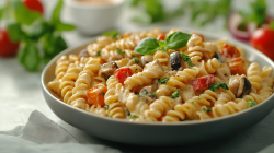 Ein Teller Gemüsepasta mit Ricotta, dekoriert mit Basilikum.