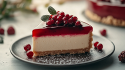 Ein Stück Glühwein-Cheesecake, garniert mit Preiselbeeren, auf einem Teller.