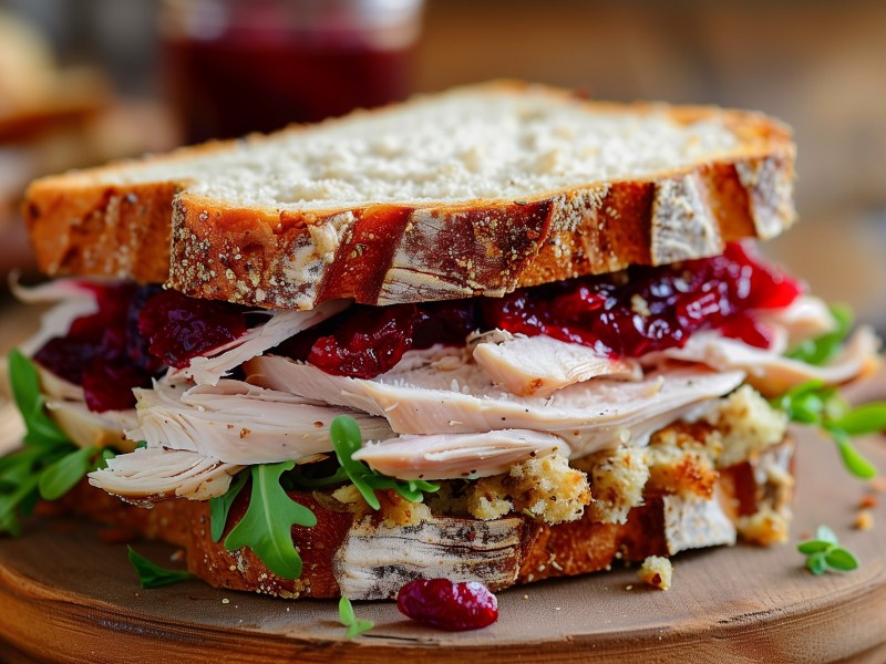 Holzbrett mit Hähnchen-Cranberry-Sandwich darauf