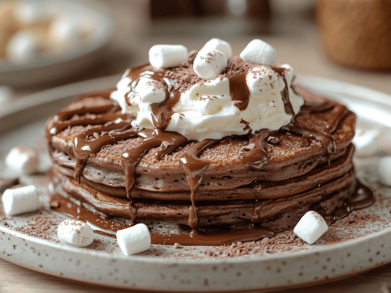 Heiße-Schokolade-Pancakes mit Marshmallow, Sahne und Schokosoße auf einem Teller.