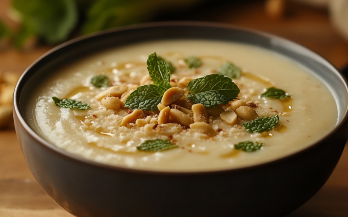 Eine Schüssel Kohlrabi-Kokos-Suppe mit Erdnüssen und Minze.