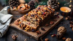 Nuss-Zimt-Kuchen auf einem Holzbrett, weihnachtliche Deko daneben