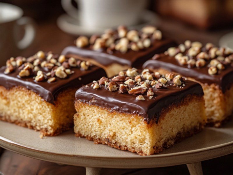 Vier Stücke Nusskuchen vom Blech mit Schokoglasur.