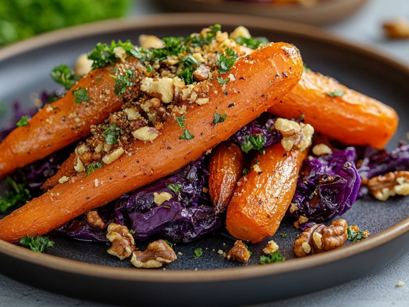 Teller mit Ofenkarotten mit Rotkohl und Nüssen