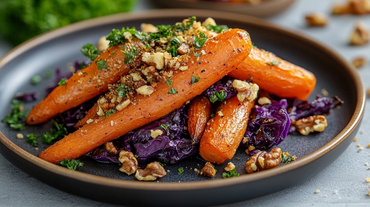 Teller mit Ofenkarotten mit Rotkohl und Nüssen