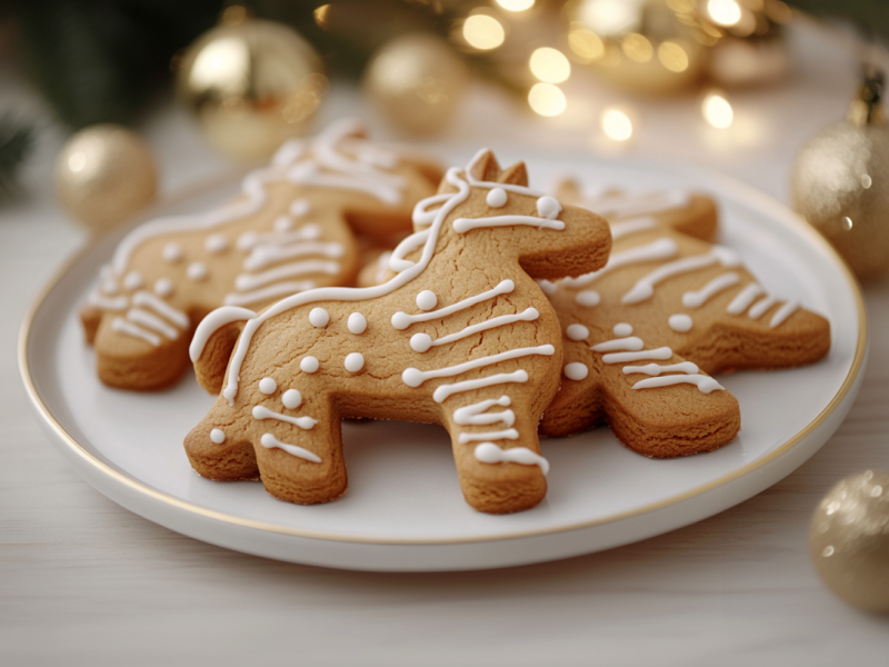 Ein Teller Pepparkakor, schwedische Gewürzplätzchen, in Form von Pferden. Drumherum etwas Weihnachtsdeko.