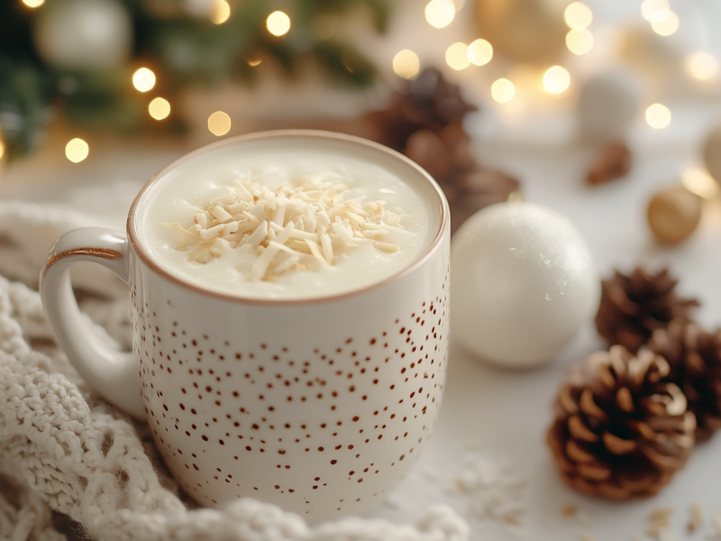 Eine Tasse Raffaello-Punsch, drum herum weihnachtliche Deko.