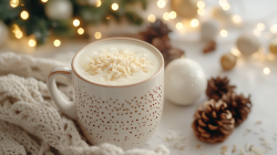 Eine Tasse Raffaello-Punsch, drum herum weihnachtliche Deko.