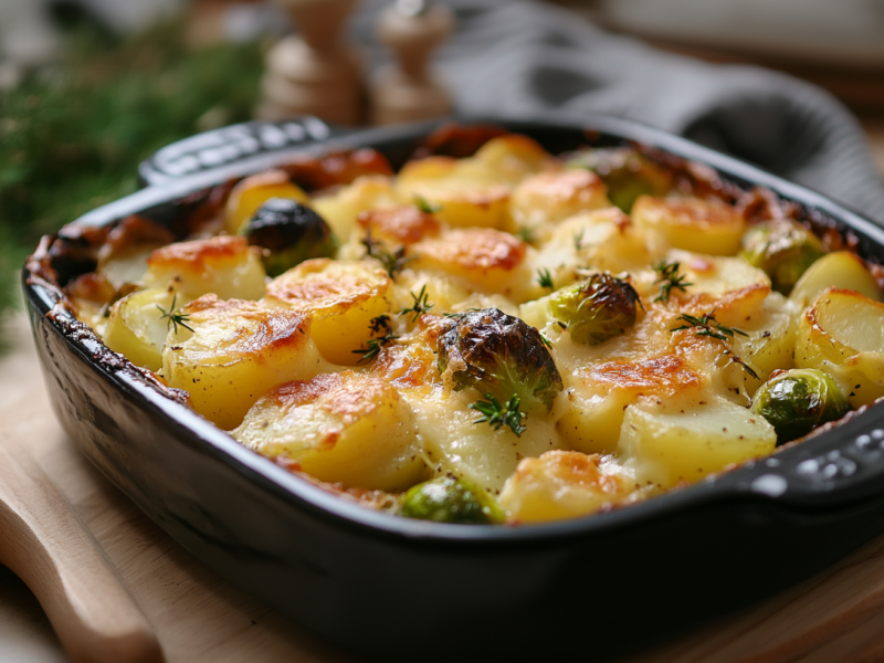 Rosenkohl-Kartoffelauflauf mit Käse überbacken in dunkler Auflaufform.