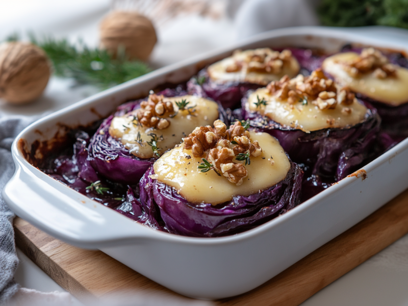 Rotkohlsteaks mit Camembert überbacken und Walnüssen bestreut in einer Auflaufform.