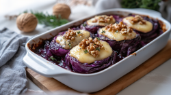 Rotkohlsteaks mit Camembert überbacken und Walnüssen bestreut in einer Auflaufform.