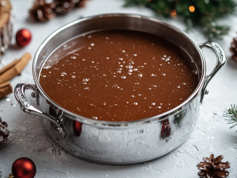 Schnelle Bratensoße in einem Topf, umringt von Weihnachtsdeko.