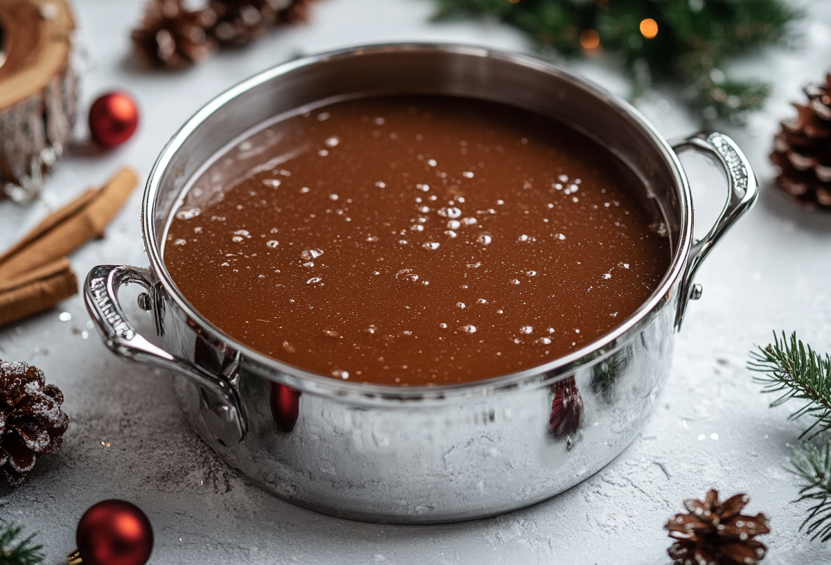 Schnelle Bratensoße in einem Topf, umringt von Weihnachtsdeko.