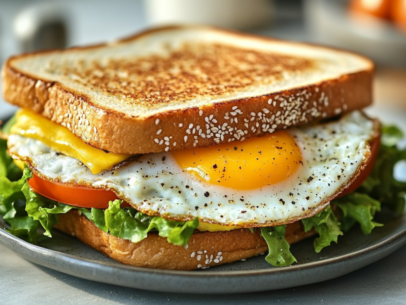 Ein Spiegelei-Sandwich mit Käse, Salat und Tomate auf einem Teller. Nahaufnahme.