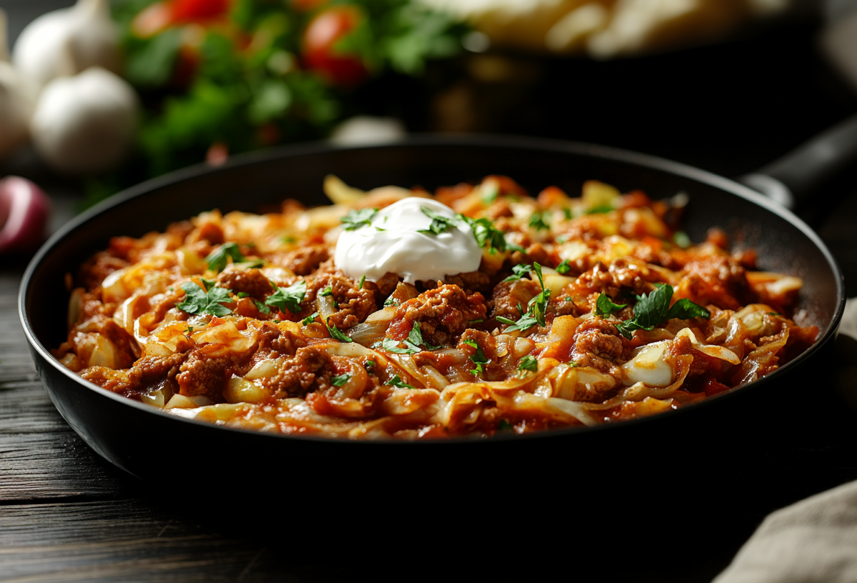 Eine Spitzkohlpfanne mit Hackfleisch garniert mit Schmand und Petersilie. Drumherum unscharf Zutaten.