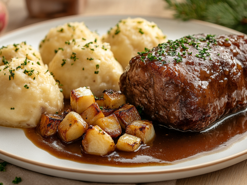 Ein Teller mit Klößen, Braten und Steckrüben-Lebkuchen-Soße.