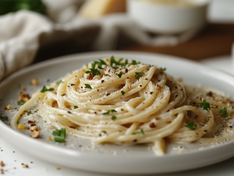 Ein Teller vegane Carbonara mit Petersilie bestreut, unscharf im Hintergrund Zutaten.