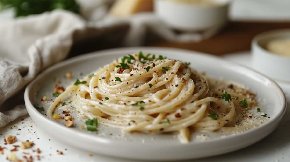 Ein Teller vegane Carbonara mit Petersilie bestreut, unscharf im Hintergrund Zutaten.