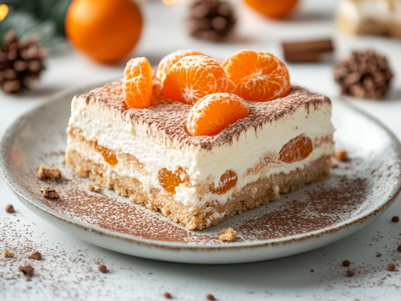 ein Stück Weihnachts-Tiramisu mit Mandarinen auf einem Teller, drumherum Weihnachtsdeko.