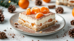 ein Stück Weihnachts-Tiramisu mit Mandarinen auf einem Teller, drumherum Weihnachtsdeko.