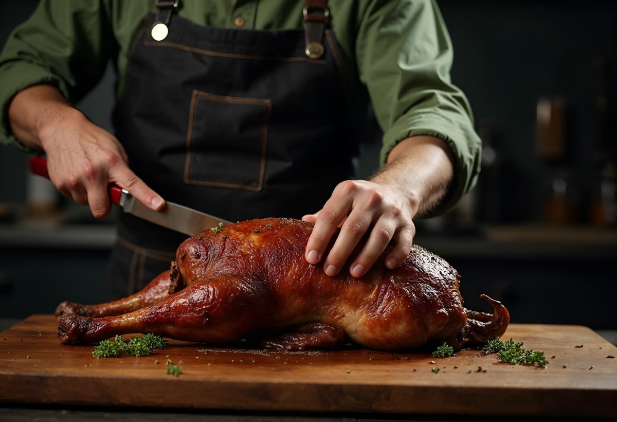 Weihnachtsgans zerlegen: Ein Koch zerteilt eine Gans.