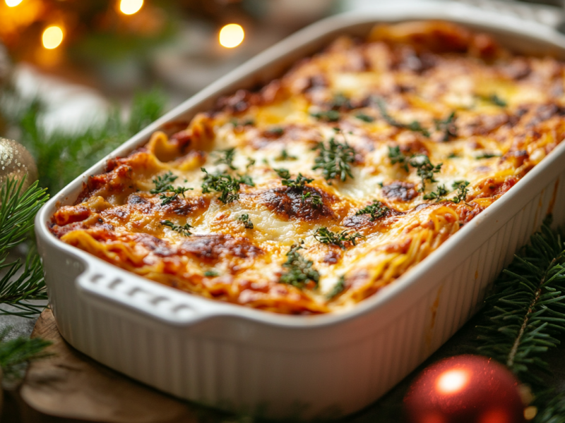 Weihnachtslasagne in weißer Auflaufform, umgeben von Weihnachtsdekoration.