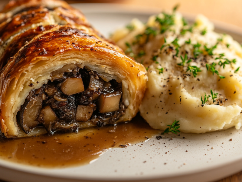 Ein Teller mit Wellington-Braten mit Pilzfüllung, Kartoffelpüree und Soße.