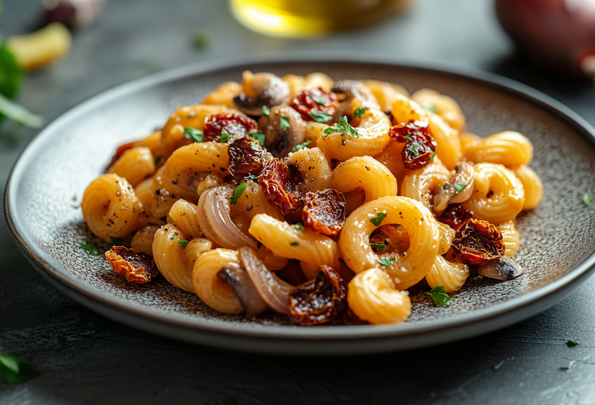 Ein Teller Zwiebelpasta mit getrockneten Tomaten und Kräutern, drumherum unscharf einige Zutaten.