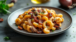 Ein Teller Zwiebelpasta mit getrockneten Tomaten und Kräutern, drumherum unscharf einige Zutaten.