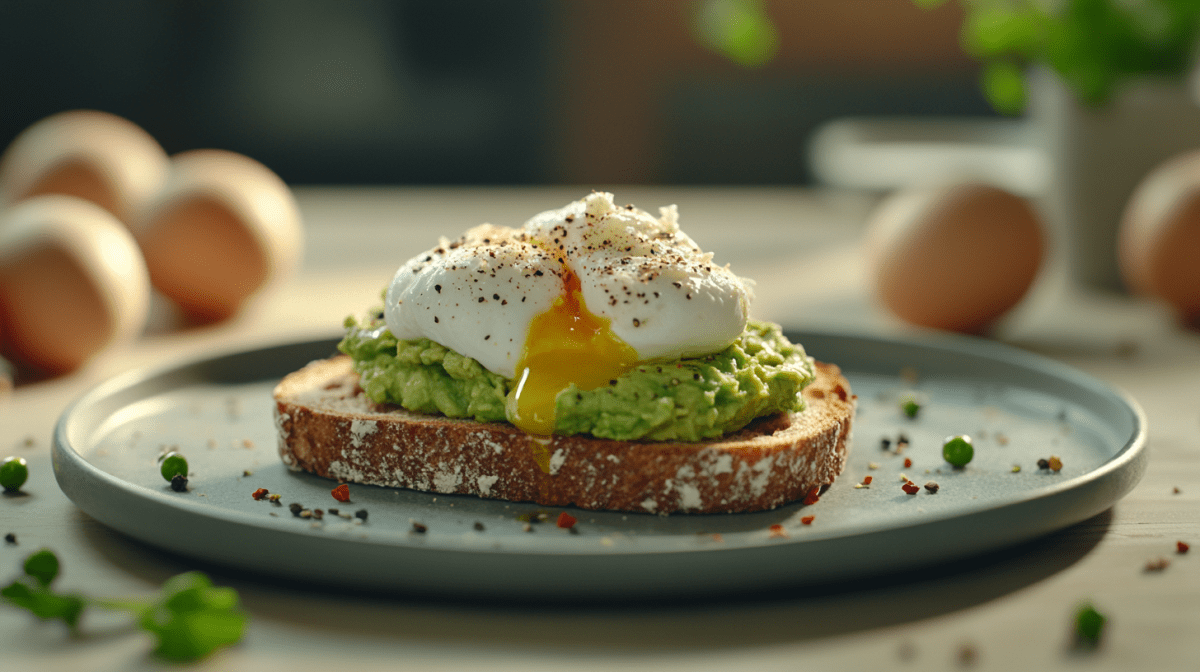 Avocado-Toast mit pochiertem Ei auf einem Teller, im Hintergrund unscharf einige Eier.