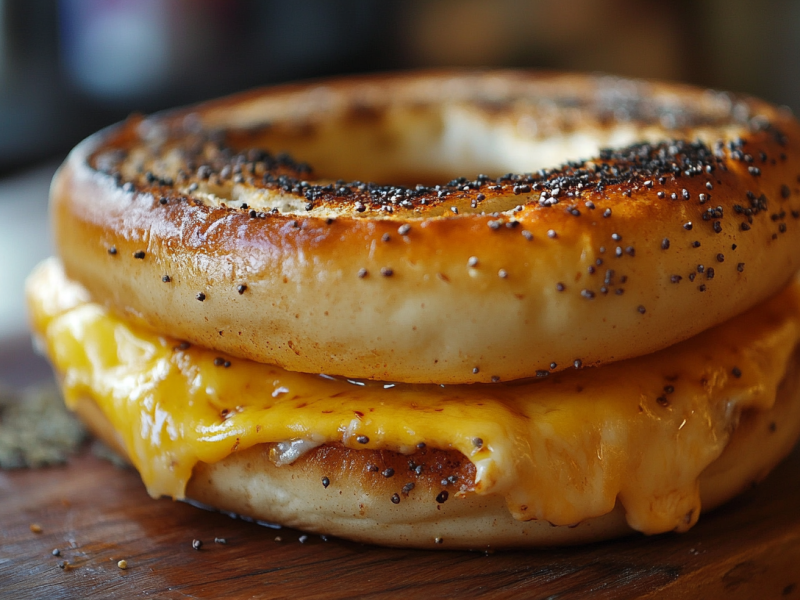 Grilled Cheese Bagel auf einem Holzbrett.