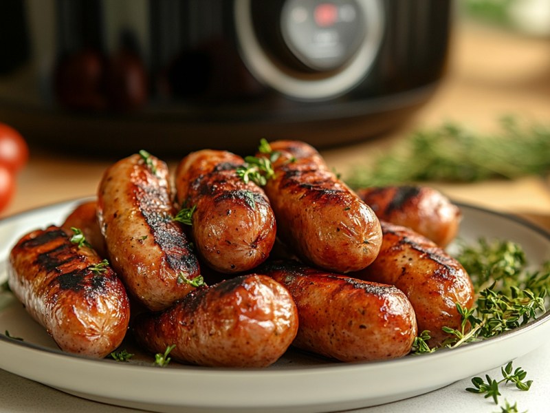 Teller mit Bratwurst aus dem Airfryer, Heißluftfritteuse im Hintergrund