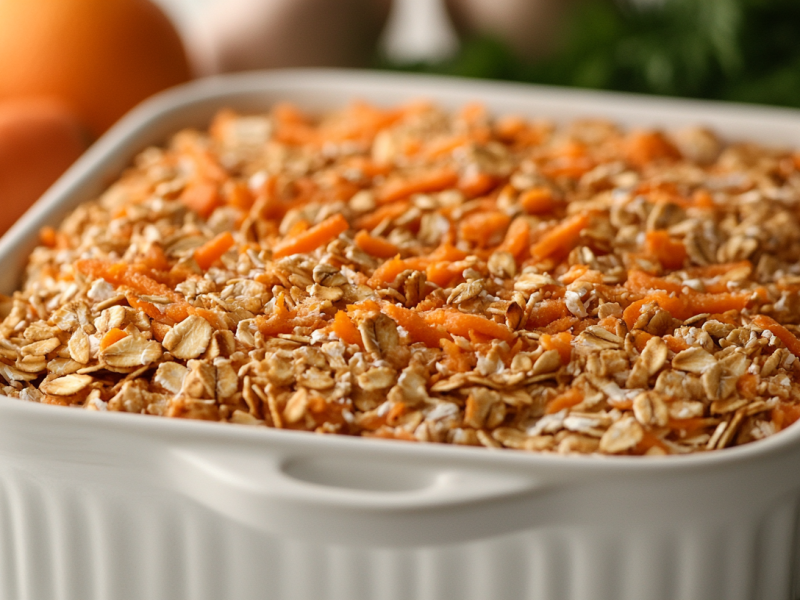 Weiße Auflaufform mit Carrot Cake Baked Oats. Im Hintergrund sind verschwommen ein paar Karotten zusehen.