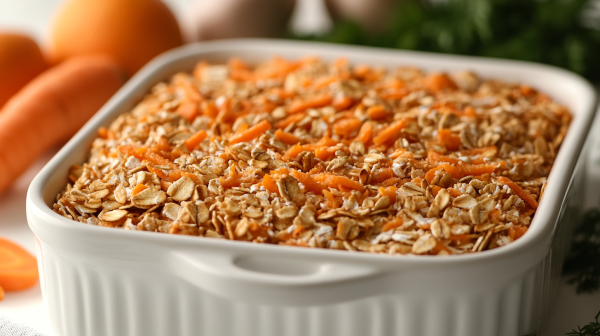 Weiße Auflaufform mit Carrot Cake Baked Oats. Im Hintergrund sind verschwommen ein paar Karotten zusehen.