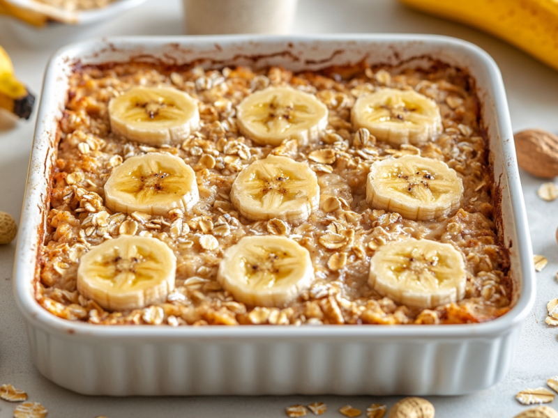 Erdnussbutter-Bananen-Auflauf mit Haferflocken in weiÃŸer Auflaufform, belegt mit Bananen. Drumherum ErdnÃ¼sse und Bananen.