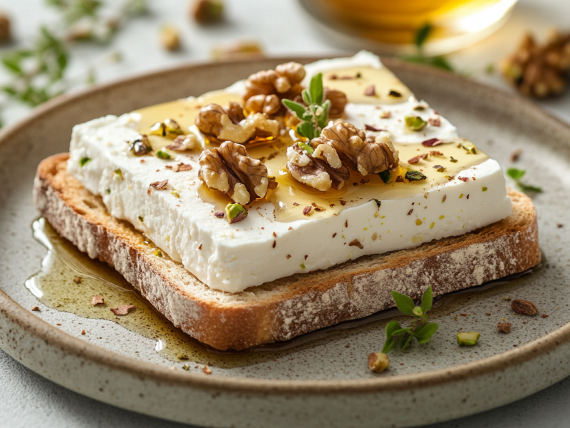 Ein Feta-Toast mit Walnüssen und Pistazien auf einem Teller, drumherum Minze und gehackte Nüsse.