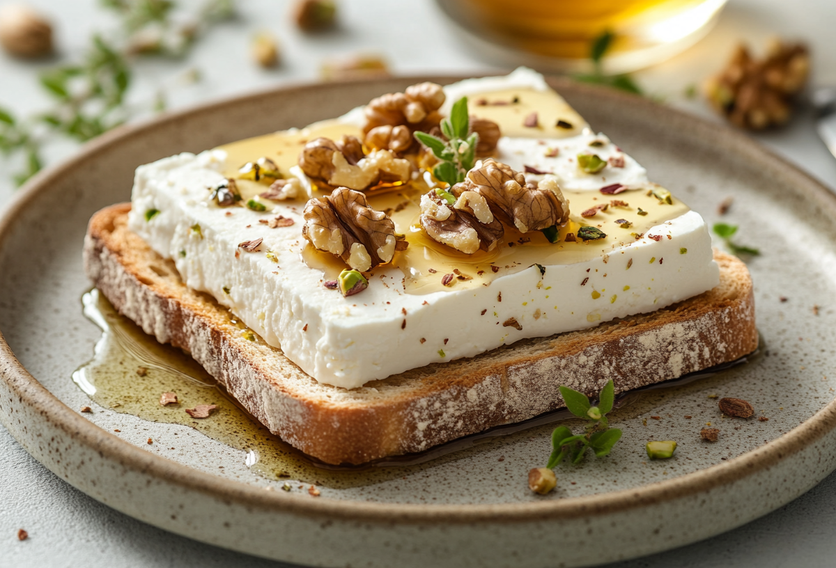 Ein Feta-Toast mit Walnüssen und Pistazien auf einem Teller, drumherum Minze und gehackte Nüsse.