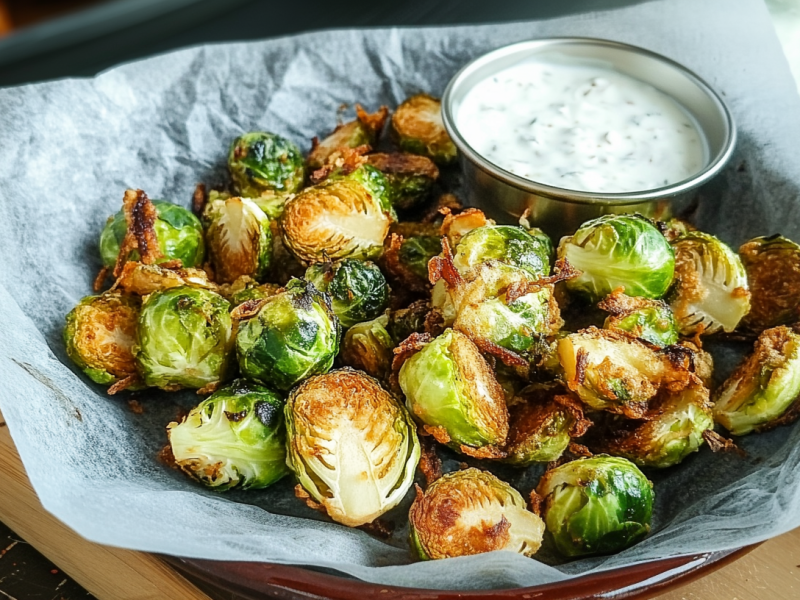 Frittierter Rosenkohl auf einem Stück Backpapier, serviert mit einem Joghurt-Dip.