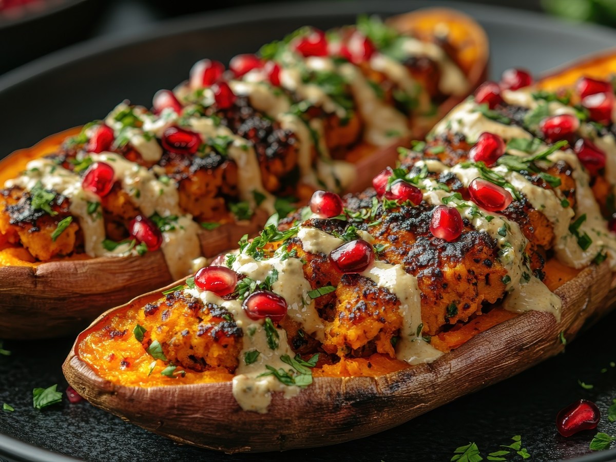 Zwei gefüllte Süßkartoffeln mit Tahinisoße liegen auf einem schwarzen Teller. Sie sind mit Falafel gefüllt, mit Tahinisoße übergossen und mit Granatapfelkernen dekoriert.