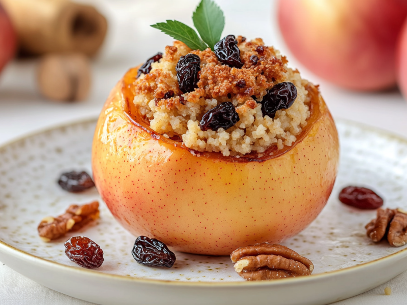 Ein gefüllter Bratapfel mit Couscous, angerichtet auf einem hellen Teller. Er ist mit Rosinen, einigen Nüssen sowie gebratenen Zimt-Semmelbröseln dekoriert. Ein Minzblatt steckt in der Füllung. Im Hintergrund liegen weiter Äpfel und eine Zimtstange.