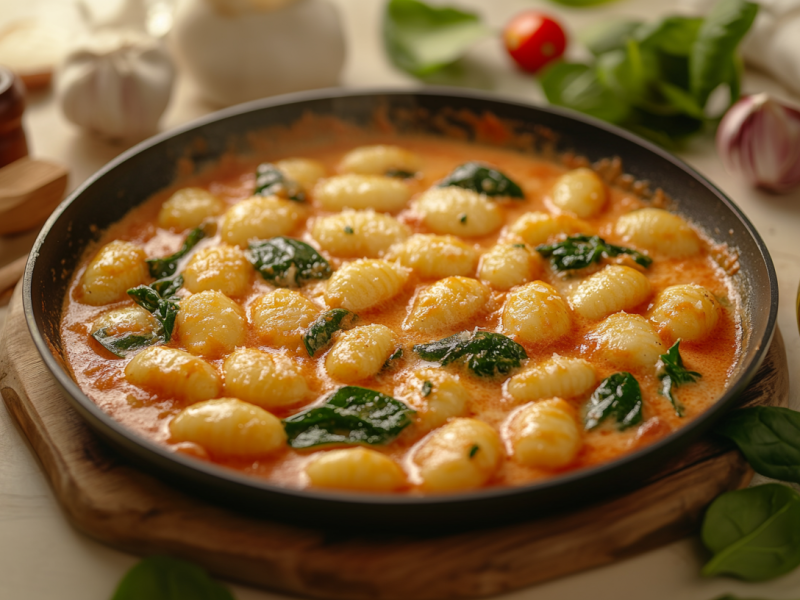 Gnocchi-Pfanne mit Spinat und Käse auf einem tiefen Teller, daneben eine Ölflasche, frischer Spinatblätter und andere Zutaten. Nahaufnahme.