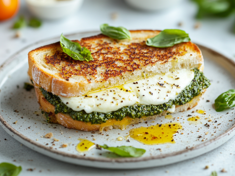 Ein Grilled Cheese mit Mozzarella und Spinat auf einem Teller, drumherum Spinatblätter und weitere Zutaten.